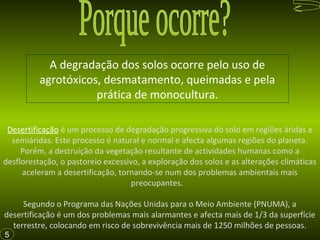 A degradação dos solos ocorre pelo uso de
agrotóxicos, desmatamento, queimadas e pela
prática de monocultura.
Segundo o Programa das Nações Unidas para o Meio Ambiente (PNUMA), a
desertificação é um dos problemas mais alarmantes e afecta mais de 1/3 da superfície
terrestre, colocando em risco de sobrevivência mais de 1250 milhões de pessoas.
Desertificação é um processo de degradação progressiva do solo em regiões áridas e
semiáridas. Este processo é natural e normal e afecta algumas regiões do planeta.
Porém, a destruição da vegetação resultante de actividades humanas como a
desflorestação, o pastoreio excessivo, a exploração dos solos e as alterações climáticas
aceleram a desertificação, tornando-se num dos problemas ambientais mais
preocupantes.
5
 