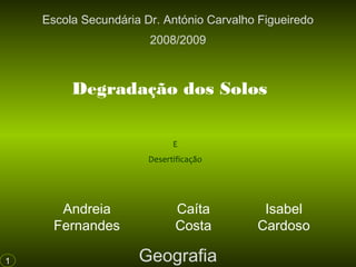 Escola Secundária Dr. António Carvalho Figueiredo
2008/2009

Degradação dos Solos
E
Desertificação

Andreia
Fernandes
1

Caíta
Costa

Geografia

Isabel
Cardoso

 