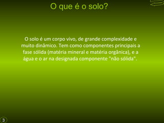 O que é o solo?

O solo é um corpo vivo, de grande complexidade e
muito dinâmico. Tem como componentes principais a
fase sólida (matéria mineral e matéria orgânica), e a
água e o ar na designada componente "não sólida".

3

 
