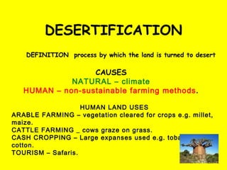 DESERTIFICATION DEFINITION  process by which the land is turned to desert CAUSES NATURAL – climate HUMAN – non-sustainable farming methods . HUMAN LAND USES ARABLE FARMING – vegetation cleared for crops e.g. millet, maize. CATTLE FARMING _ cows graze on grass. CASH CROPPING – Large expanses used e.g. tobacco and cotton. TOURISM – Safaris. 