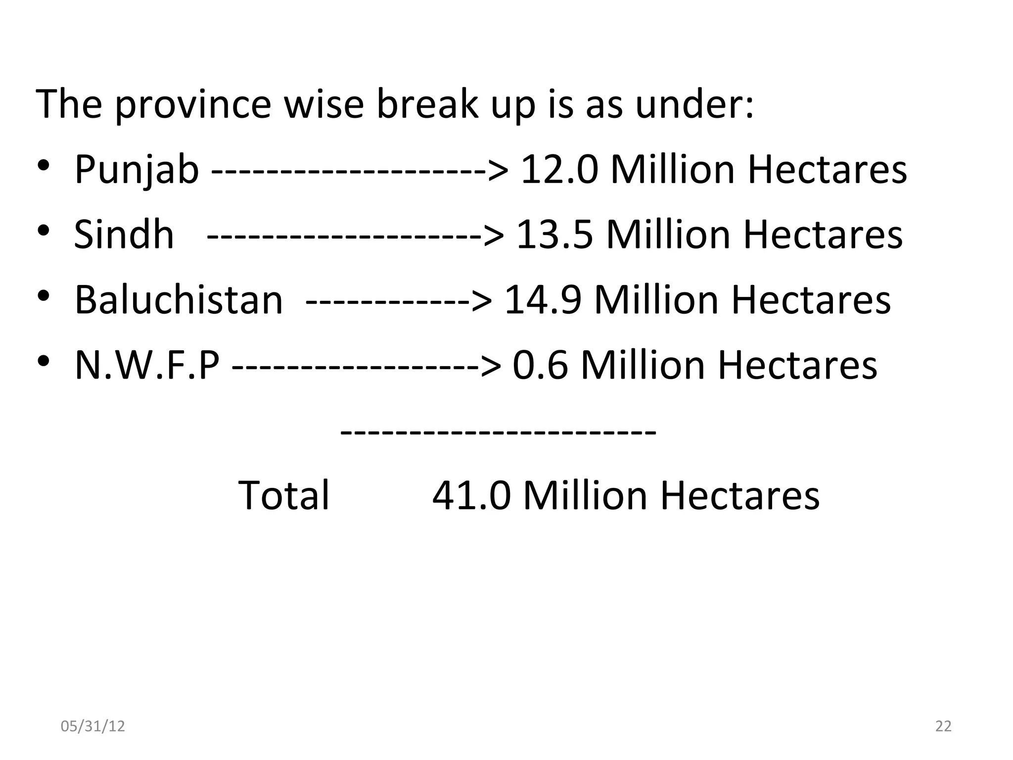 The province wise break up is as under:
• Punjab --------------------> 12.0 Million Hectares
• Sindh --------------------> 13.5 Million Hectares
• Baluchistan ------------> 14.9 Million Hectares
• N.W.F.P ------------------> 0.6 Million Hectares
                  -----------------------
           Total         41.0 Million Hectares



 05/31/12                                              22
 
