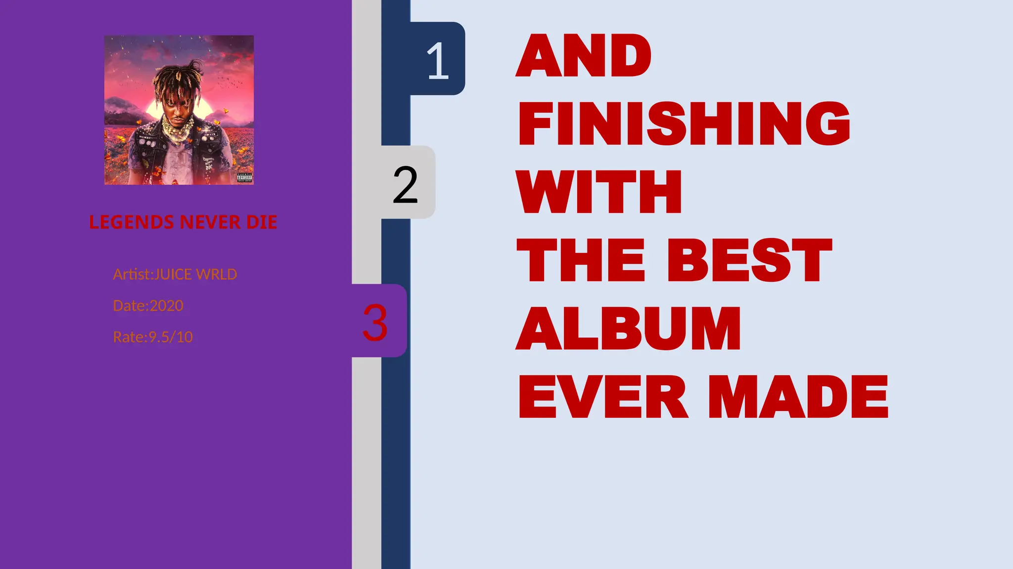 SAFAR
Label:NAAR
Date:2019
Rate:7/10
1
2
SĒNSUS
Artist:MADD
Date:2024
Rate:9/10 3
LEGENDS NEVER DIE
Artist:JUICE WRLD
Date:2020
Rate:9.5/10
AND
FINISHING
WITH
THE BEST
ALBUM
EVER MADE
 