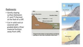 Pediments
• Gently sloping
surface (between
2o and 7o) formed
at the foot of a cliff.
• Cut in solid rock or
covered with
graded debris (finer
material furthest
away from cliff).
 