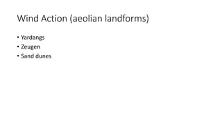 Wind Action (aeolian landforms)
• Yardangs
• Zeugen
• Sand dunes
 