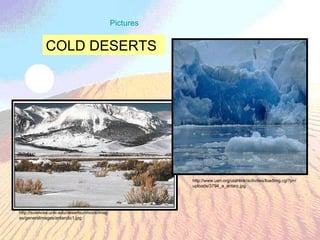 COLD DESERTS Pictures http://sciences.unlv.edu/desertsurvivors/images/generalimages/antarctic1.jpg http://www.uen.org/utahlink/activities/loadimg.cgi?p=/uploads/3794_a_antarc.jpg 