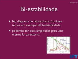 ufma.2010



        Bi-estabilidade
• No diagrama de ressonância não-linear
  temos um exemplo de bi-estabilidade:
• podemos ter duas amplitudes para uma
  mesma força externa
 
