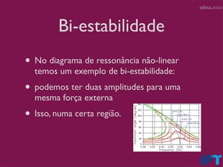 ufma.2010



         Bi-estabilidade
• No diagrama de ressonância não-linear
  temos um exemplo de bi-estabilidade:
• podemos ter duas amplitudes para uma
  mesma força externa
• Isso, numa certa região.
 