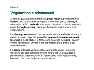 I deserti 
VVeeggeettaazziioonnee ee aaddaattttaammeennttii 
Alcune di queste piante hanno sviluppato radici superficiali molto 
estese, così da catturare la rugiada o eventuali gocce di pioggia; 
altre radici molto profonde, che vanno alla ricerca di strati profondi 
umidi. Le foglie piccole, dure, per limitare la traspirazione e la 
evaporazione. 
Le piante grasse (come i cactus americani e le euforbie africane e 
asiatiche) sono capaci di assorbire acqua e immagazzinarla nei 
loro fusti e nelle radici; le foglie sono sostituite da spine, sia per 
evitare la perdita di umidità e sia per proteggere la pianta dagli 
animali erbivori. 
Le piante effimere vivono soltanto per pochi giorni; i loro semi 
giacciono al suolo, talvolta per anni, fino a che un acquazzone 
permette loro di germogliare. Si riproducono molto rapidamente, 
lasciando i loro semi a terra prima di morire. 
 