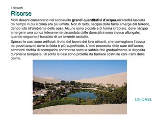 Molti deserti conservano nel sottosuolo grandi quantitativi d’acqua,un’eredità lasciata 
dal tempo in cui il clima era più umido. Non di rado, l’acqua delle falde emerge dal terreno, 
dando vita all’ambiente delle oasi. Alcune sono piccole e di forma circolare, dove l’acqua 
emerge in una conca interamente circondata dalle dune;altre sono invece allungate, 
quando seguono il tracciato di un torrente asciutto. 
Spesso le oasi sono artificiali, frutto del lavoro dei loro abitanti, che convogliano l’acqua 
dai pozzi scavati dove la falda è più superficiale. L’oasi necessita delle cure dell’uomo, 
altrimenti rischia di scomparire sommersa sotto la sabbia che gradualmente si deposita 
durante le tempeste. Di solito le oasi sono protette da barriere costruite con i rami delle 
palme. 
UN’OASI. 
I deserti 
RRiissoorrssee 
 