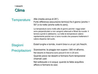 I deserti 
CClliimmaa 
Temperature Alte (media annua di 25°). 
Forte differenza (escursione termica) fra il giorno (anche + 
50°) e la notte (anche sotto lo zero). 
Le temperature sono molto alte di giorno perché i raggi solari 
sono perpendicolari e non vengono attenuati e filtrati da nuvole: il 
terreno quindi è caldissimo. La notte le temperature calano 
rapidamente poiché non ci sono nuvole che possano trattenere il 
calore disperso dal suolo. 
Stagioni Estati lunghe e torride, inverni brevi e un po’ più freschi. 
Precipitazioni Scarsissime; la pioggia non supera i 300 ml all'anno. 
Nel deserto di Atacama sono piovuti 6 mm in 20 anni. 
Quando piove nei deserti si formano fiumi temporanei 
chiamati uadi. 
Nel sottosuolo vi è acqua: quando la falda acquifera 
affiora si formano le oasi. 
 