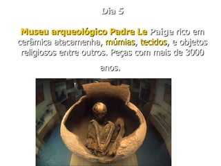 Dia 5

 Museu arqueológico Padre Le Paige rico em
cerâmica atacamenha, múmias, tecidos, e objetos
 religiosos entre outros. Peças com mais de 3000
                    anos.
 