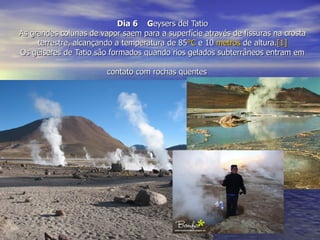 Dia 6 Geysers del Tatio
As grandes colunas de vapor saem para a superfície através de fissuras na crosta
     terrestre, alcançando a temperatura de 85°C e 10 metros de altura.[1]
Os gêiseres de Tatio são formados quando rios gelados subterrâneos entram em

                        contato com rochas quentes
 