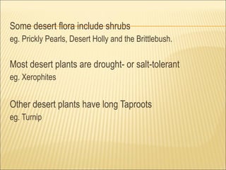 Some desert flora include shrubs
eg. Prickly Pearls, Desert Holly and the Brittlebush.

Most desert plants are drought- or salt-tolerant
eg. Xerophites


Other desert plants have long Taproots
eg. Turnip
 