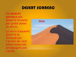 DESERT SORRENC
Els deserts
sorrencs són
deserts formats
per grans dunes
de sorra.
La sorra d’aquests
deserts és
formada per
l'erosió del vent
sobre materials
arrossegats pels
rierols.
 