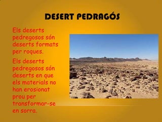DESERT PEDRAGÓS
Els deserts
pedregosos són
deserts formats
per roques.
Els deserts
pedregosos són
deserts en que
els materials no
han erosionat
prou per
transformar-se
en sorra.
 