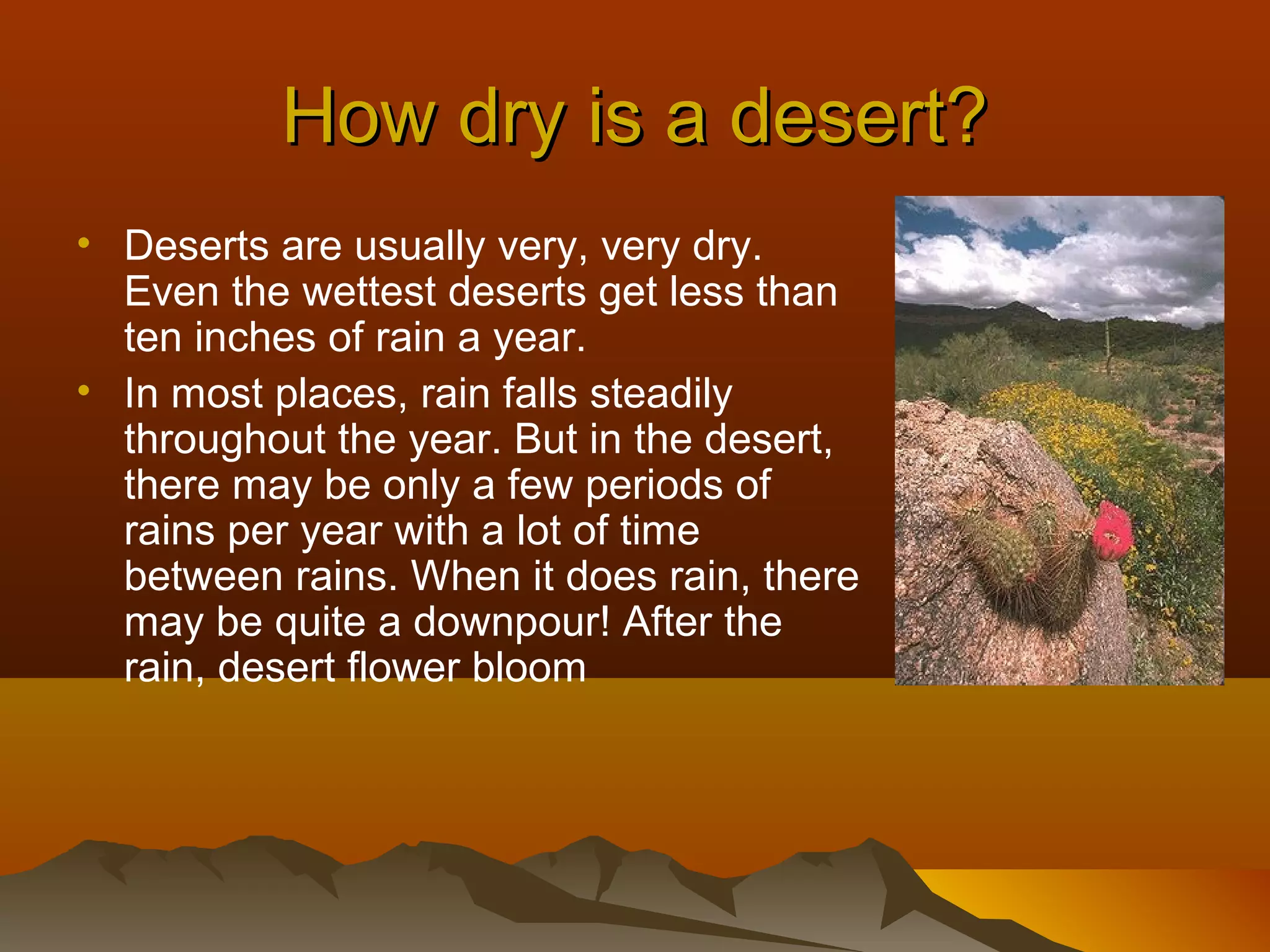 How dry is a desert?
• Deserts are usually very, very dry.
Even the wettest deserts get less than
ten inches of rain a year.
• In most places, rain falls steadily
throughout the year. But in the desert,
there may be only a few periods of
rains per year with a lot of time
between rains. When it does rain, there
may be quite a downpour! After the
rain, desert flower bloom

 