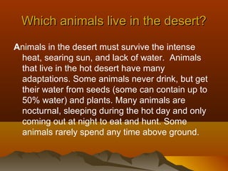 Which animals live in the desert?
Animals in the desert must survive the intense
heat, searing sun, and lack of water. Animals
that live in the hot desert have many
adaptations. Some animals never drink, but get
their water from seeds (some can contain up to
50% water) and plants. Many animals are
nocturnal, sleeping during the hot day and only
coming out at night to eat and hunt. Some
animals rarely spend any time above ground.

 