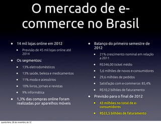 O mercado de e-
                       commerce no Brasil
          •      14 mil lojas online em 2012                 •   Balanço do primeiro semestre de
                                                                 2012
                 •     Previsão de 45 mil lojas online até
                       2014                                      •   21% crescimento nominal em relação
                                                                     a 2011
          •      Os segmentos:
                 •     13% eletrodomésticos                      •   R$346,00 ticket médio

                 •     13% saúde, beleza e medicamentos          •   5,6 milhões de novos e-consumidores

                 •     11% moda e acessórios                     •   29,6 milhões de pedidos


                 •     10% livros, jornais e revistas
                                                                 •   Satisfação com e-commerce: 85,4%


                 •     9% informática                            •   R$10,2 bilhões de faturamento


          •      1,3% das compras online foram               •   Previsão para o "nal de 2012
                 realizadas por aparelhos móveis                 •   43 milhões no total de e-
                                                                     consumidores

                                                                 •   R$22,5 bilhões de faturamento

quarta-feira, 28 de novembro de 12
 