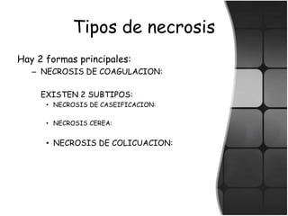 Tipos de necrosis
Hay 2 formas principales:
– NECROSIS DE COAGULACION:
EXISTEN 2 SUBTIPOS:
• NECROSIS DE CASEIFICACION:
• NECROSIS CEREA:
• NECROSIS DE COLICUACION:
 