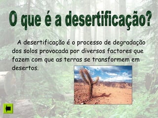 A desertificação é o processo de degradação
dos solos provocada por diversos factores que
fazem com que as terras se transformem em
desertos.
 