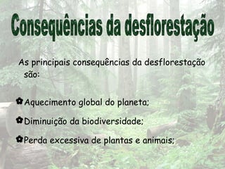 As principais consequências da desflorestação
são:
Aquecimento global do planeta;
Diminuição da biodiversidade;
Perda excessiva de plantas e animais;
 
