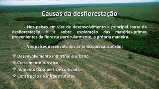 Causas da desflorestação
      - Nos países em vias de desenvolvimento a principal causa da
desflorestação é a sobre exploração das matérias-primas
provenientes da floresta particularmente, a própria madeira.

     - Nos países desenvolvidos as principais causas são:
 Desenvolvimento industrial e urbano,
 Crescimento turístico,
 Aumento da superfície cultivada,
 Construção de infraestruturas.
 