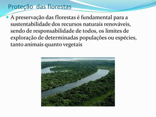 Proteção das florestas
 A preservação das florestas é fundamental para a
 sustentabilidade dos recursos naturais renováveis,
 sendo de responsabilidade de todos, os limites de
 exploração de determinadas populações ou espécies,
 tanto animais quanto vegetais
 