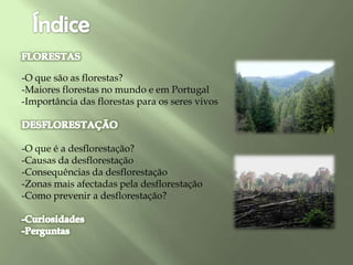 -O que são as florestas?
-Maiores florestas no mundo e em Portugal
-Importância das florestas para os seres vivos
-O que é a desflorestação?
-Causas da desflorestação
-Consequências da desflorestação
-Zonas mais afectadas pela desflorestação
-Como prevenir a desflorestação?
 