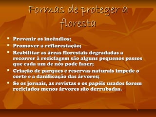 Formas de proteger aFormas de proteger a
florestafloresta
 Prevenir os incêndios;Prevenir os incêndios;
 Promover a reflorestação;Promover a reflorestação;
 Reabilitar as áreas florestais degradadas aReabilitar as áreas florestais degradadas a
recorrer à reciclagem são alguns pequenos passosrecorrer à reciclagem são alguns pequenos passos
que cada um de nós pode fazer;que cada um de nós pode fazer;
 Criação de parques e reservas naturais impede oCriação de parques e reservas naturais impede o
corte e a danificação das árvores;corte e a danificação das árvores;
 Se os jornais, as revistas e os papéis usados foremSe os jornais, as revistas e os papéis usados forem
reciclados menos árvores são derrubadas.reciclados menos árvores são derrubadas.
 