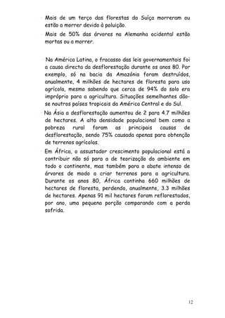 · Mais de um terço das florestas da Suíça morreram ou
estão a morrer devido à poluição.
· Mais de 50% das árvores na Alemanha ocidental estão
mortas ou a morrer.
· Na América Latina, o fracasso das leis governamentais foi
a causa directa da desflorestação durante os anos 80. Por
exemplo, só na bacia da Amazónia foram destruídos,
anualmente, 4 milhões de hectares de floresta para uso
agrícola, mesmo sabendo que cerca de 94% do solo era
impróprio para a agricultura. Situações semelhantes dãose noutros países tropicais da América Central e do Sul.
· Na Ásia a desflorestação aumentou de 2 para 4.7 milhões
de hectares. A alta densidade populacional bem como a
pobreza
rural
foram
as
principais
causas
de
desflorestação, sendo 75% causada apenas para obtenção
de terrenos agrícolas.
· Em África, o assustador crescimento populacional está a
contribuir não só para a de teorização do ambiente em
todo o continente, mas também para o abate intenso de
árvores de modo a criar terrenos para a agricultura.
Durante os anos 80, África continha 660 milhões de
hectares de floresta, perdendo, anualmente, 3.3 milhões
de hectares. Apenas 91 mil hectares foram reflorestados,
por ano, uma pequena porção comparando com a perda
sofrida.

12

 