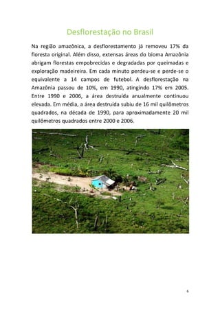 Desflorestação no Brasil
Na região amazônica, a desflorestamento já removeu 17% da
floresta original. Além disso, extensas áreas do bioma Amazônia
abrigam florestas empobrecidas e degradadas por queimadas e
exploração madeireira. Em cada minuto perdeu-se e perde-se o
equivalente a 14 campos de futebol. A desflorestação na
Amazônia passou de 10%, em 1990, atingindo 17% em 2005.
Entre 1990 e 2006, a área destruída anualmente continuou
elevada. Em média, a área destruída subiu de 16 mil quilômetros
quadrados, na década de 1990, para aproximadamente 20 mil
quilômetros quadrados entre 2000 e 2006.




                                                              6
 