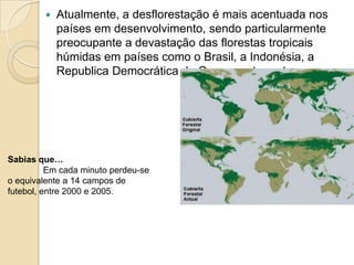  Atualmente, a desflorestação é mais acentuada nos
países em desenvolvimento, sendo particularmente
preocupante a devastação das florestas tropicais
húmidas em países como o Brasil, a Indonésia, a
Republica Democrática do Congo, entre outros.
Sabias que…
Em cada minuto perdeu-se
o equivalente a 14 campos de
futebol, entre 2000 e 2005.
 