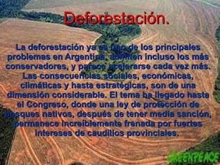Deforestación.   La deforestación ya es uno de los principales problemas en Argentina, admiten incluso los más conservadores, y parece acelerarse cada vez más. Las consecuencias sociales, económicas, climáticas y hasta estratégicas, son de una dimensión considerable. El tema ha llegado hasta el Congreso, donde una ley de protección de bosques nativos, después de tener media sanción, permanece increíblemente frenada por fuertes intereses de caudillos provinciales.   