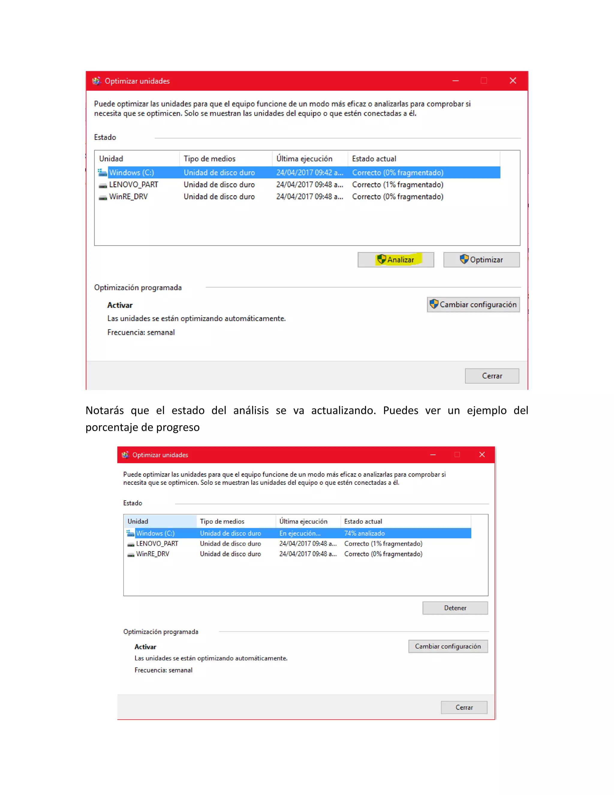 Notarás que el estado del análisis se va actualizando. Puedes ver un ejemplo del
porcentaje de progreso
 
