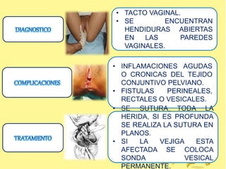 • TACTO VAGINAL.
• SE ENCUENTRAN
HENDIDURAS ABIERTAS
EN LAS PAREDES
VAGINALES.
• INFLAMACIONES AGUDAS
O CRONICAS DEL TEJIDO
CONJUNTIVO PELVIANO.
• FISTULAS PERINEALES,
RECTALES O VESICALES.
• SE SUTURA TODA LA
HERIDA, SI ES PROFUNDA
SE REALIZA LA SUTURA EN
PLANOS.
• SI LA VEJIGA ESTA
AFECTADA SE COLOCA
SONDA VESICAL
PERMANENTE.
 