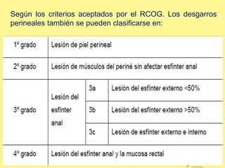 Según los criterios aceptados por el RCOG. Los desgarros
perineales también se pueden clasificarse en:
 