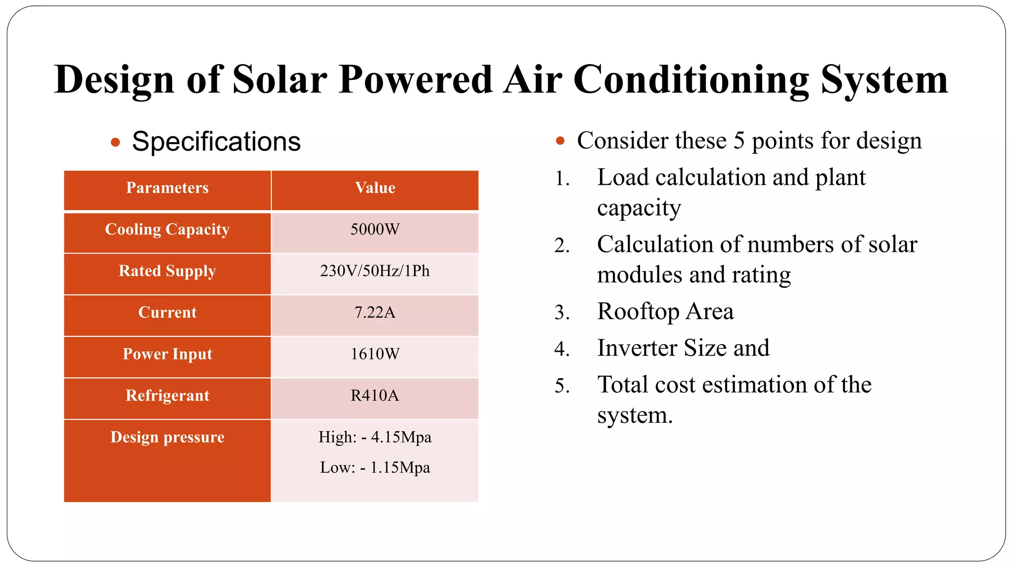 Desgin and development of solar powered air conditioning sysytem | PPTX
