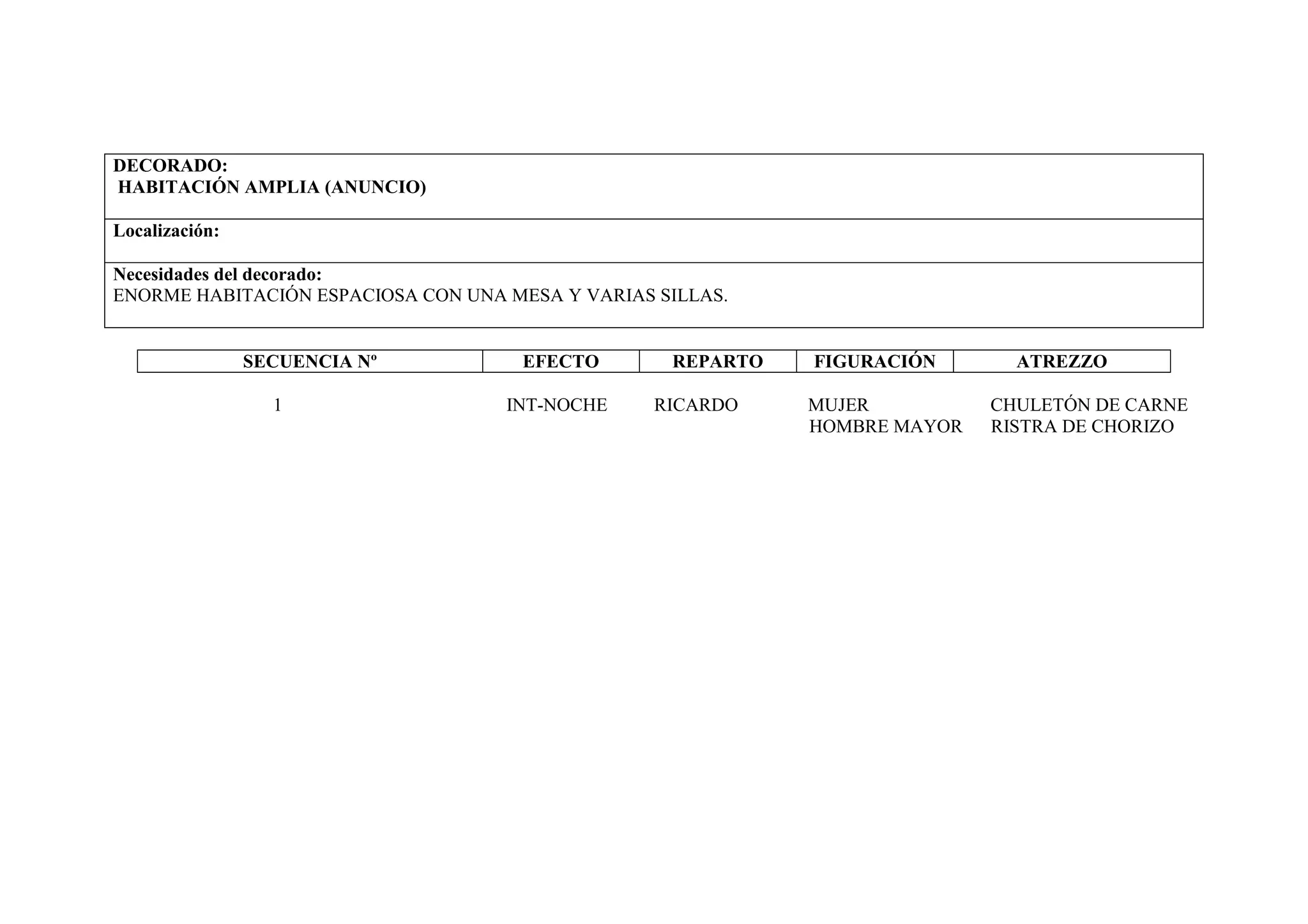 DECORADO:
HABITACIÓN AMPLIA (ANUNCIO)

Localización:

Necesidades del decorado:
ENORME HABITACIÓN ESPACIOSA CON UNA MESA Y VARIAS SILLAS.


                SECUENCIA Nº         EFECTO        REPARTO   FIGURACIÓN       ATREZZO

                  1                 INT-NOCHE     RICARDO    MUJER          CHULETÓN DE CARNE
                                                             HOMBRE MAYOR   RISTRA DE CHORIZO
 