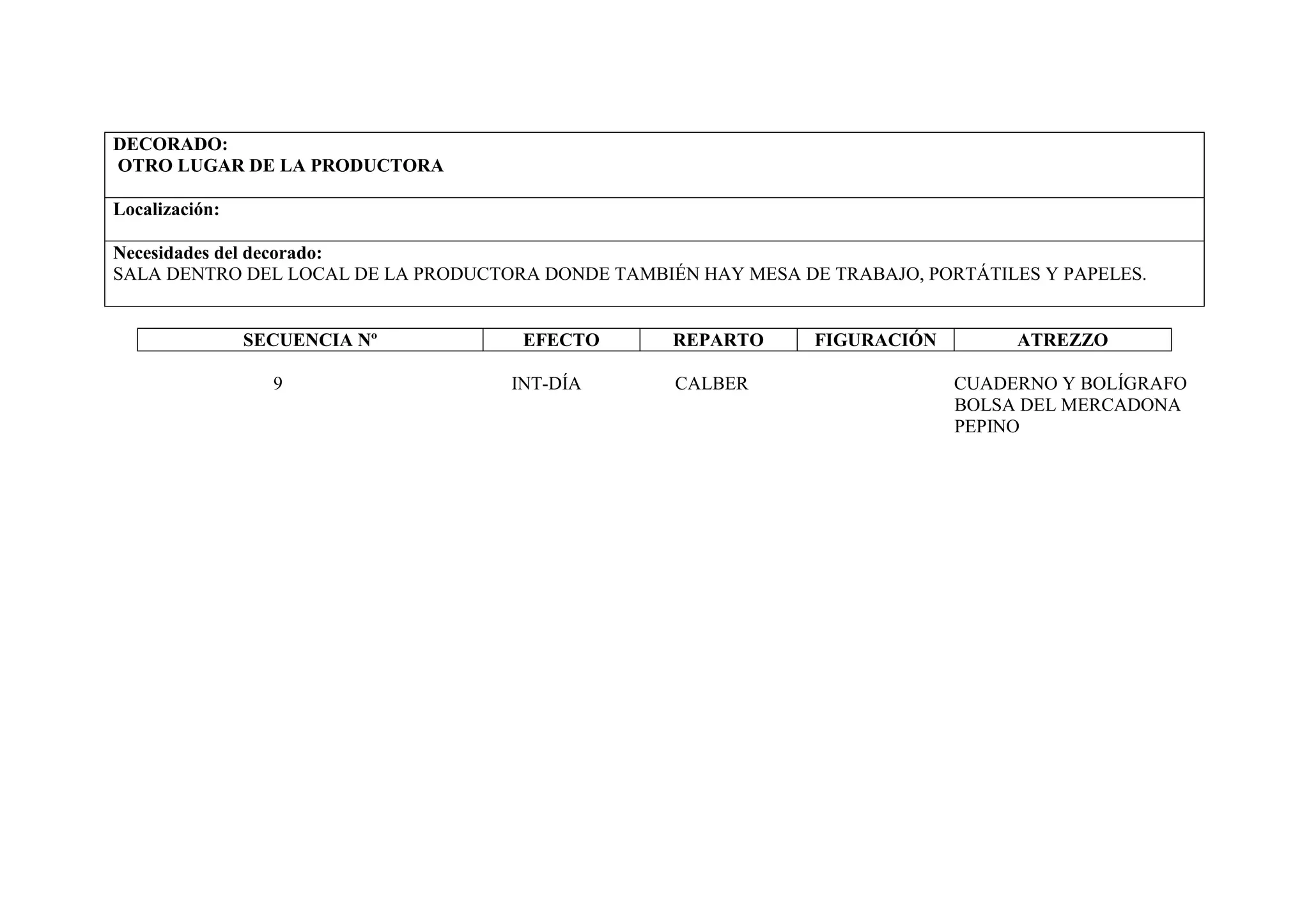 DECORADO:
OTRO LUGAR DE LA PRODUCTORA

Localización:

Necesidades del decorado:
SALA DENTRO DEL LOCAL DE LA PRODUCTORA DONDE TAMBIÉN HAY MESA DE TRABAJO, PORTÁTILES Y PAPELES.


                SECUENCIA Nº         EFECTO        REPARTO      FIGURACIÓN         ATREZZO

                  9                 INT-DÍA        CALBER                    CUADERNO Y BOLÍGRAFO
                                                                             BOLSA DEL MERCADONA
                                                                             PEPINO
 