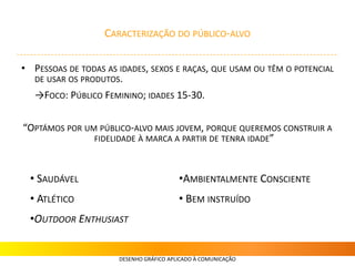 CARACTERIZAÇÃO DO PÚBLICO-ALVO
• PESSOAS DE TODAS AS IDADES, SEXOS E RAÇAS, QUE USAM OU TÊM O POTENCIAL
DE USAR OS PRODUTOS.
→FOCO: PÚBLICO FEMININO; IDADES 15-30.
“OPTÁMOS POR UM PÚBLICO-ALVO MAIS JOVEM, PORQUE QUEREMOS CONSTRUIR A
FIDELIDADE À MARCA A PARTIR DE TENRA IDADE”
DESENHO GRÁFICO APLICADO À COMUNICAÇÃO
• SAUDÁVEL
• ATLÉTICO
•OUTDOOR ENTHUSIAST
•AMBIENTALMENTE CONSCIENTE
• BEM INSTRUÍDO
 