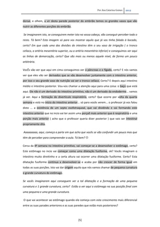 Por Ana Catarina Gomes 2012
[5]
dorsal, e olhem, a vir desta parede posterior do embrião temos os grandes vasos que vão
nutrir as diferentes porções do embrião.
Se imaginarem isto, se conseguirem meter isto na vossa cabeça, vão conseguir perceber todo o
resto. Tá bem? Esta imagem só para vos mostrar aquilo que já vos tinha falado à bocado,
certo? Em que cada uma das divisões do intestino têm o seu vaso de irrigação ( o tronco
celíaco, a artéria mesentéria superior, ou a artéria mesentéria inferior) e conseguimos ver aqui
as linhas de demarcação, certo? Que são mais ou menos aquele nível, de forma um pouco
arbitrária.
VocÊs vão ver que aqui em cima conseguimos ver o pâncreas e o fígado, certo? E nós vamos
ver que eles vão ser derivados que se vão desenvolver juntamente com o intestino anterior,
por isso o seu grande vaso de nutrição vai ser o tronco celíaco. Certo? E depois aqui intestino
médio e intestino posterior. Vou-vos chamar a atenção aqui para uma coisa: o baço que está
aqui. Ele não é um derivado do intestino primitivo, não é um derivado da endoderme... vamos
já ver. Aqui a formação do divertículo respiratório, certo? Que ocorre por volta da quarta
semana e está no início do intestino anterior... só para vocês verem... o professor já vos falou
disto ... a existência de um septo esofotraqueal, que vai dividindo e vai formando este
intestino anterior que no incio vai ter assim uma porçaõ mais anterior que é respiratória e uma
porção mais anterior ( acho que o professor queria dizer posterior ) que vais ser intestinal
propriamente dita.
Aaaaaaaaa, aqui, começa a parte em que acho que vocês se vão confundir um pouco mas que
têm de perceber para compreender a aula. Tá bem? 
Cerca da 4ª semana no intestino primitivo, vai começar-se a desenvolver o estômago, certo?
Este estômago no incio vai começar como uma dilatação fusiforme, ok? Vocês imaginam o
intestino muito direitinho e a certa altura vai ocorrer uma dilatação fusiforme. Certo? Esta
dilatação fusiforme continua a desenvolver-se e acaba por não crescer de forma igual em
todas as suas porções. Isto vai dar origem aquilo que nós vamos chamar de pequena curvatura
e grande curvatura do estômago.
Se vocês imaginarem aqui conseguem ver a tal dilatação e a formação de uma pequena
curvatura e 1 grande curvatura, certo? Estão a ver aqui o estômago na sua posição final com
uma pequena e uma grande curvatura.
O que vai acontecer ao estômago quando ele começa com este crescimento mais diferencial
entre as suas parades anteriores e as suas paredes que estão mais posteriores?
 