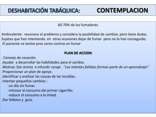 DESHABITACIÓN TABÁQUICA:   esquema del cambio de Prochaska y  Di ClementePaciente que fuma : ¿ quiere dejar de fumar en los próximos 6 meses?NO :PRECONTEMPLACIÓNSI       : ¿tiene intención  de dejarlo en 1 mes?NOCONTEMPLCACIONSI :  ¿ ha intentado dejarlo alguna vez durante el último año?NOSI:   PREPARACIONPaciente que ya ha dejado de fumar:< 6 meses:  ACCION> 6 meses : MANTENIMIENTO