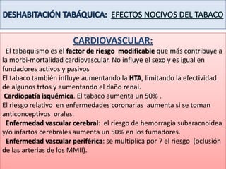 DESHABITACIÓN TABÁQUICA:  EFECTOS NOCIVOS DEL TABACOCARDIOVASCULAR: El tabaquismo es el factor de riesgo  modificable que más contribuye a la morbi-mortalidad cardiovascular. No influye el sexo y es igual en fundadores activos y pasivos El tabaco también influye aumentando la HTA, limitando la efectividad de algunos trtos y aumentando el daño renal.Cardiopatía isquémica. El tabaco aumenta un 50% . El riesgo relativo  en enfermedades coronarias  aumenta si se toman anticonceptivos  orales.Enfermedad vascular cerebral:  el riesgo de hemorragia subaracnoidea y/o infartos cerebrales aumenta un 50% en los fumadores.  Enfermedad vascular periférica: se multiplica por 7 el riesgo  (oclusión de las arterias de los MMII).