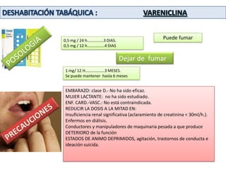 DESHABITACIÓN TABÁQUICA PASTILLAS / CARAMELOS DE NICOTINATECNICA: dejar que la pastilla se disuelva en la boca . NO tragar NI masticar2 mg: si  pasan mas de 30 minutos desde que se levanta hasta que se fuma el primer cigarrillo.4 mg  si pasa menosPAUTA: 9 caramelos diarios  durante 6-12 semanasNO pasar de 20 pastillas diarias