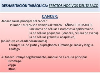 DESHABITACIÓN TABÁQUICA: EFECTOS NOCIVOS DEL TABACOCANCER:-tabaco causa principal del cáncer:            Pulmón : el 90% son debidos al tabaco :  AÑOS DE FUMADOR.                                     Carcinoma de células escamosas o epidermoide.                                     Ca de células pequeñas  ( oat cell, células de avena).                                     Ca de células grandes ( anaplásico).(no influye en el adenocarcinoma)           Laringe: Ca. de glotis y supraglótico. Orofaringe, labio y lengua.           Esófago.-el tabaco  influye negativamente, aunque no es causa principal.         Estomago.         Vejiga.         Otros.