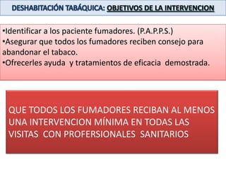 DESHABITACIÓN TABÁQUICA: OBJETIVOS DE LA INTERVENCIONIdentificar a los paciente fumadores. (P.A.P.P.S.)