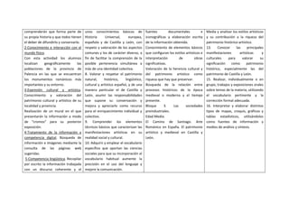 comprenderán que forma parte de
su propia historia y que todos tienen
el deber de difundirlo y conservarlo.
2-Conocimiento e interacción con el
mundo físico.
Con esta actividad los alumnos
localizan geográficamente las
poblaciones de la provincia de
Palencia en las que se encuentran
los monumentos románicos más
importantes y su entorno.
3-Expresión cultural y artística.
Conocimiento y valoración del
patrimonio cultural y artístico de su
localidad y provincia.
Realización de un mural en el que
presentarán la información a modo
de “cromos” para su posterior
exposición.
4-Tratamiento de la información y
competencia digital. Búsqueda de
información e imágenes mediante la
consulta de las páginas web
sugeridas.
5-Competencia lingüística. Recopilar
por escrito la información trabajada
con un discurso coherente y el
unos conocimientos básicos de
Historia Universal, europea,
española y de Castilla y León, con
respeto y valoración de los aspectos
comunes y los de carácter diverso, a
fin de facilitar la comprensión de la
posible pertenencia simultánea a
más de una identidad colectiva.
8. Valorar y respetar el patrimonio
natural, histórico, lingüístico,
cultural y artístico español, y de una
manera particular el de Castilla y
León, asumir las responsabilidades
que supone su conservación y
mejora y apreciarlo como recurso
para el enriquecimiento individual y
colectivo.
9. Comprender los elementos
técnicos básicos que caracterizan las
manifestaciones artísticas en su
realidad social y cultural.
10. Adquirir y emplear el vocabulario
específico que aportan las ciencias
sociales para que su incorporación al
vocabulario habitual aumente la
precisión en el uso del lenguaje y
mejore la comunicación.
fuentes documentales e
iconográficas y elaboración escrita
de la información obtenida.
Conocimiento de elementos básicos
que configuran los estilos artísticos e
interpretación de obras
significativas.
Valoración de la herencia cultural y
del patrimonio artístico como
riqueza que hay que preservar.
Búsqueda de la relación entre
procesos históricos de la época
medieval o moderna y el tiempo
presente.
Bloque 3. Las sociedades
preindustriales.
Edad Media.
El Camino de Santiago. Arte
Románico en España. El patrimonio
artístico y medieval en Castilla y
León.
Media y analizar los estilos artísticos
y su contribución a la riqueza del
patrimonio histórico-artístico.
13. Conocer las principales
manifestaciones artísticas y
culturales para valorar su
significación como patrimonio
histórico, especialmente las del
patrimonio de Castilla y León.
15. Realizar, individualmente o en
grupo, trabajos y exposiciones orales
sobre temas de la materia, utilizando
el vocabulario pertinente y la
corrección formal adecuada.
16. Interpretar y elaborar distintos
tipos de mapas, croquis, gráficos y
tablas estadísticos, utilizándolos
como fuentes de información y
medios de análisis y síntesis.
 
