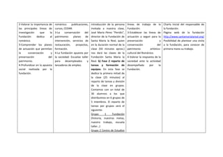 2-Valorar la importancia de
las principales líneas de
investigación que la
Fundación dedica al
románico.
3-Comprender los planes
de actuación que permitan
la conservación y
preservación del
patrimonio.
4-Profundizar en la apuesta
social realizada por la
fundación.
románico: publicaciones,
cursos, CEDAR.
3-La conservación del
patrimonio: planes de
intervención, servicios de
restauración, proyectos,
formación.
4-La fundación apuesta por
la sociedad: Escuelas taller
para desempleados y
lanzaderas de empleo.
introducción de la persona
invitada a nuestra clase,
José María Pérez “Peridis”,
director de la Fundación de
Santa María la Real, quien
en la duración normal de la
clase (50 minutos aprox.)
nos dará las claves de la
Fundación Santa María la
Real. b) Fase 2 reparto de
tareas y formación de
equipos. En esta fase se
dedica la primera mitad de
la clase (25 minutos) al
reparto de tareas y división
de la clase en grupos.
Contamos con un total de
30 alumnos a los que
distribuimos en 6 grupos de
5 miembros. El reparto de
tareas por grupos será el
siguiente:
Grupo 1 Fundación
(historia, nuestras metas,
nuestro trabajo, escuela
taller…)
Grupo 2 Centro de Estudios
líneas de trabajo de la
Fundación.
3-Establecer las líneas de
actuación a seguir para la
preservación y
conservación del
patrimonio artístico-
cultural del Románico.
4-Valorar la respuesta de la
sociedad ante la actividad
desempeñada por la
Fundación.
Charla inicial del responsable de
la fundación.
Página web de la fundación
http://www.santamarialareal.org/
Posibilidad de plantear una visita
a la fundación, para conocer de
primera mano su trabajo.
 