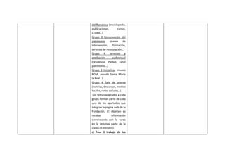 del Románico (enciclopedia,
publicaciones, cursos,
CEDAR…)
Grupo 3 Conservación del
patrimonio (planes de
intervención, formación,
servicios de restauración…)
Grupo 4 Servicios y
producción audiovisual
(residencia 3ªedad, canal
patrimonio…)
Grupo 5 Iniciativas (museo
ROM, posada Santa María
la Real...)
Grupo 6 Sala de prensa
(noticias, descargas, medios
locales, redes sociales…)
Los temas asignados a cada
grupo forman parte de cada
uno de los apartados que
integran la página web de la
Fundación. El objetivo es
recabar información
comenzando con la tarea
en la segunda parte de la
clase (25 minutos).
c) Fase 3 trabajo de los
 