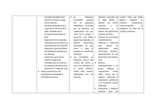 - Introducción/explicación
histórico-artística a cargo
de los alumnos.
- Introducción/explicación a
cargo de los alumnos de la
labor realizada por la
Fundación Santa María la
Real.
- Exposición de las Leyendas
realizadas por los alumnos y
representación del Teatrillo.
- Exposición y guía del Álbum
del Románico realizado por
los alumnos.
- Exposición y guía de los
diseños imaginarios
realizados por los alumnos
de ejemplos del patrimonio
palentino en riesgo de ruina.
4- Breve cuestionario a los
participantes evaluando la
actividad de servicio.
3. Se realizarán
actividades guiadas
por un programa
radiofónico realizado
por los alumnos, en
colaboración con una
radio de la ciudad o
provincia –con Radio
Aguilar por ejemplo, se
podrían desarrollar
actividades ya que
llevan a cabo el
programa La Huella del
Románico.
4. Las actividades se
realizarán dentro del
recinto del Centro y
serán las señaladas en
el punto anterior.
Todas ellas estarán
organizadas por los
alumnos.
aspectos culturales de
la Edad Media y
analizar los estilos
artísticos y su
contribución a la
riqueza del patrimonio
histórico-artístico.
3. Conocer las principales
manifestaciones
artísticas y culturales
para valorar su
significación como
patrimonio histórico,
especialmente las del
patrimonio de Castilla y
León.
4. Realizar,
individualmente o en
grupo, trabajos y
exposiciones orales
sobre temas de la
materia, utilizando el
vocabulario pertinente
y la corrección formal
adecuada.
5. Interpretar y elaborar
distintos tipos de
unidad móvil que Radio
Aguilar instalará en
nuestras instalaciones,
retransmitiendo el
programa al resto de la
ciudad y provincia.
 